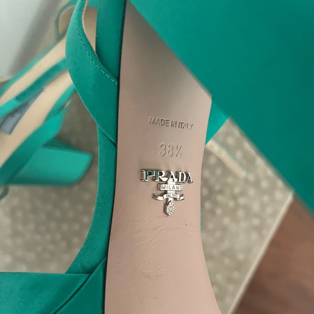 Prada Green Satin Block Heel Sandals - Picture 4 of 11